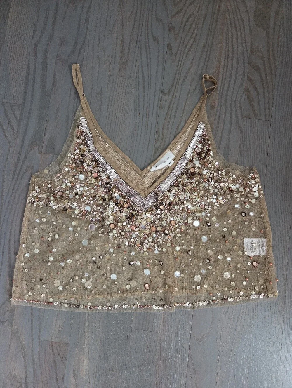 Anthropologie Sequin Embellished Nude-Beige V-Neck Camisole - Picture 11 of 13